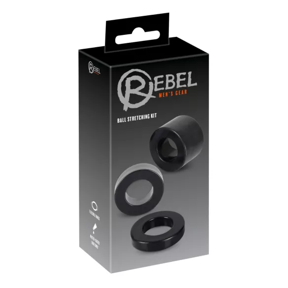 Rebel Ball - penis- ja kivestenrengas sekä venyttäjä setti - musta