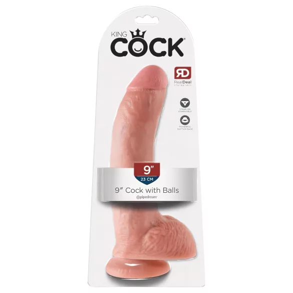 King Cock 9 - suuri, kivesosalla varustettu dildo imukupilla (23 cm, luonnonväri)