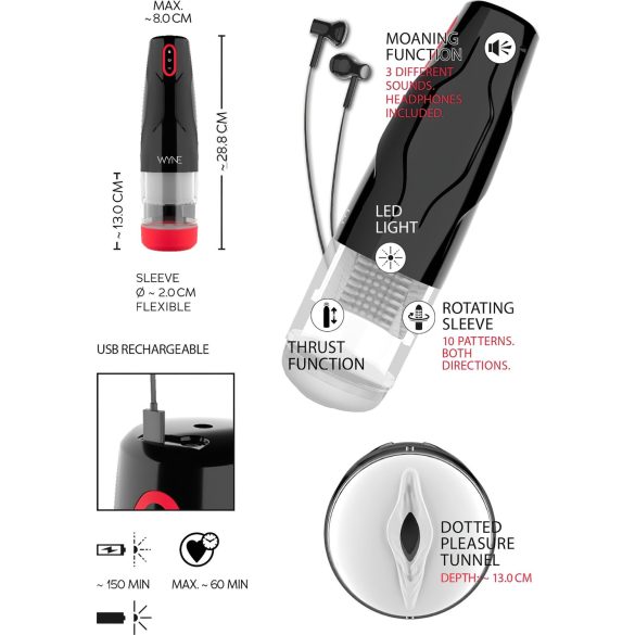 WYNE 05 - ladattava pyörivä masturboija - musta/valkoinen