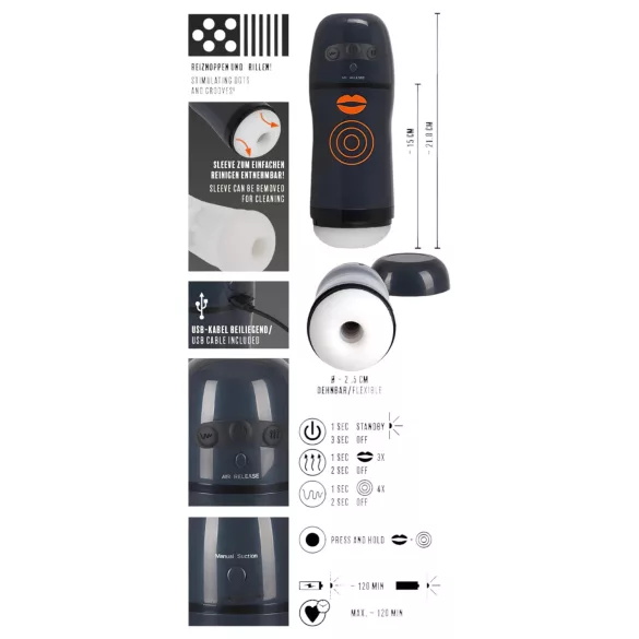 Rebel - 2in1 masturbaattori imulla ja värinällä - musta