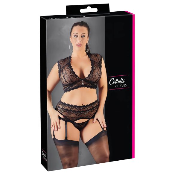 Cottelli Plus Size - strassilla korsitettu pitsiasu (musta)