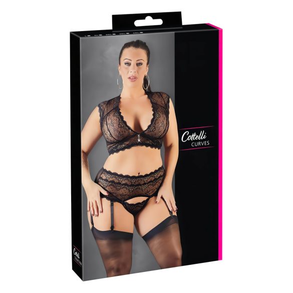 Cottelli Plus Size - strassilla korsitettu pitsiasu (musta)