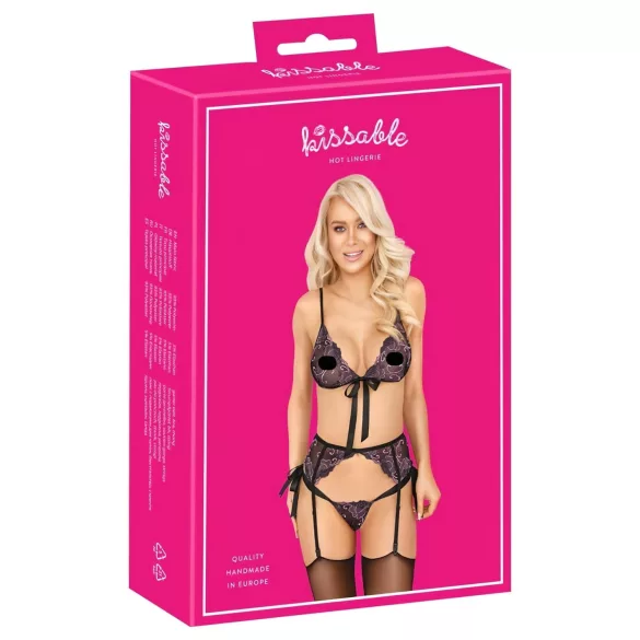 Kissable - pink-lila kirjailtu rintasetti (musta) - L/XL