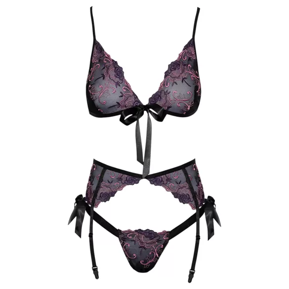 Kissable - pink-lila kirjailtu rintasetti (musta) - L/XL