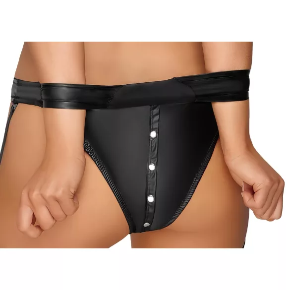 Cottelli Bondage - kiiltävä rintaliivisetti käsiraudoilla (musta) - M