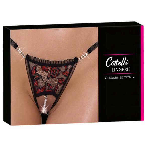 Cottelli - ylelliset ruusut helmikoristeiset stringit (musta)