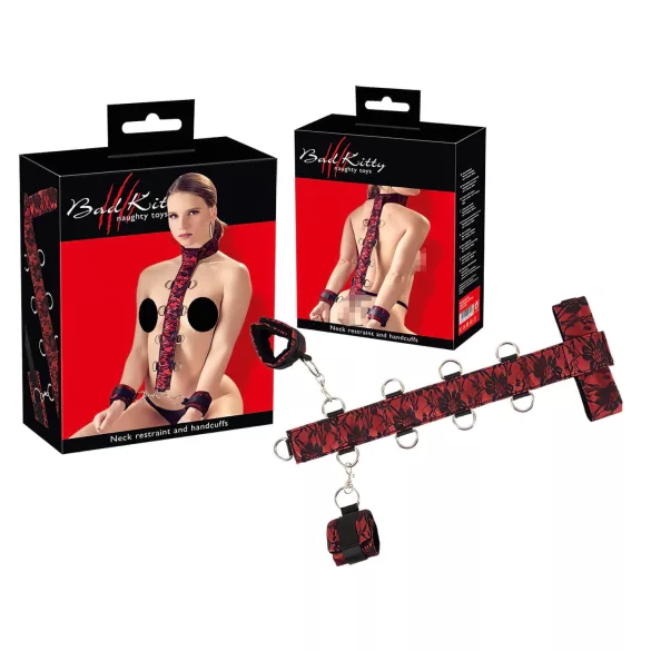 Bad Kitty - bondage-setti kaula- ja rannekahleilla - punamusta