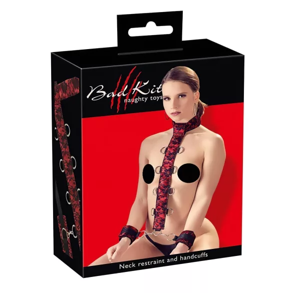 Bad Kitty - bondage-setti kaula- ja rannekahleilla - punamusta