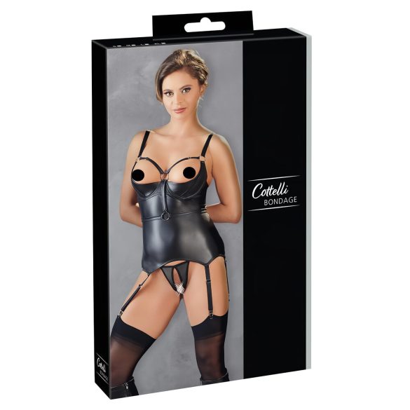 Cottelli Bondage - kiiltävä nosto-yläosa ja käsiraudat (musta) - XL