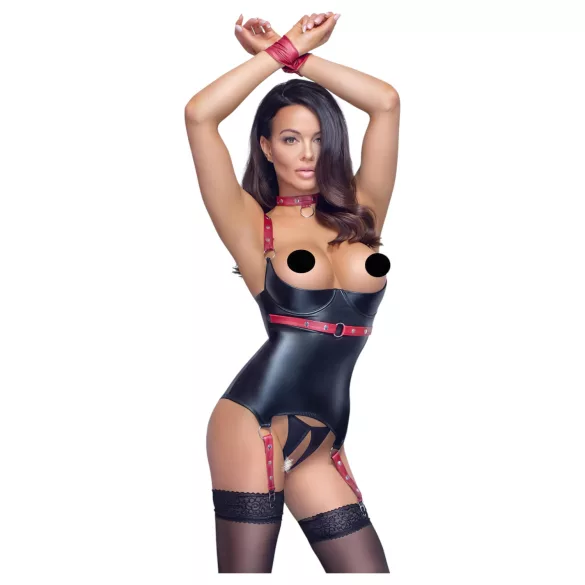 Cottelli Bondage - kiiltävä avoin rintaliivit kaulapannalla - musta - L