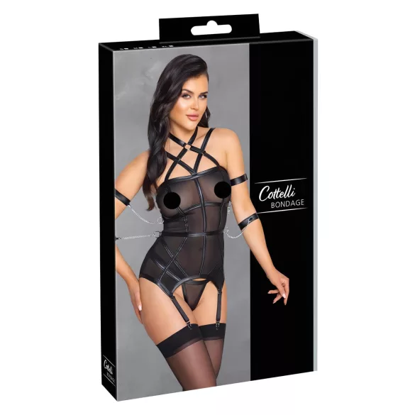 Cottelli Bondage - hihaton yläosa, käsiraudat ja stringit (musta)