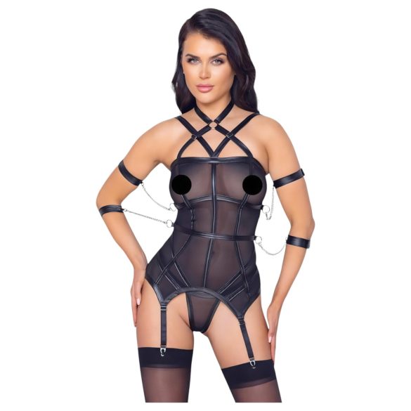 Cottelli Bondage - remmiyläosa, käsikahleet ja stringit (musta) - M