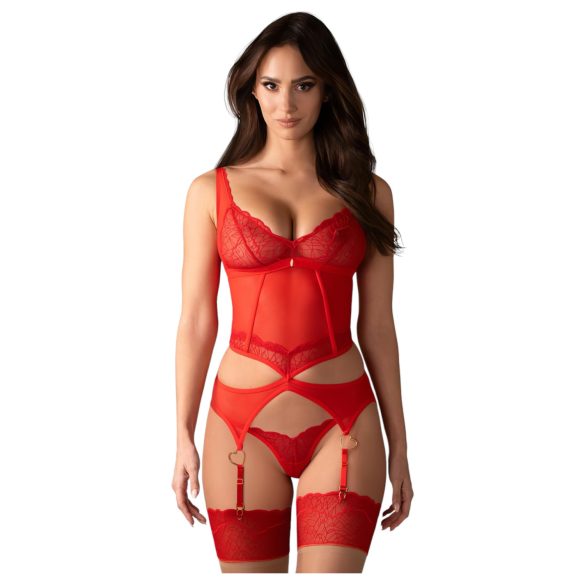 Obsessive Cupide Desir - läpinäkyvä pitsiasu-setti (punainen) - L/XL