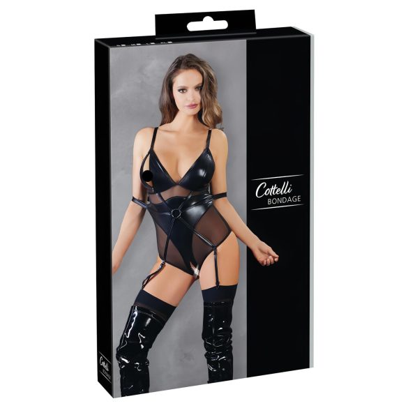 Cottelli Bondage - kiiltävä body ja käsiraudat (musta) - L