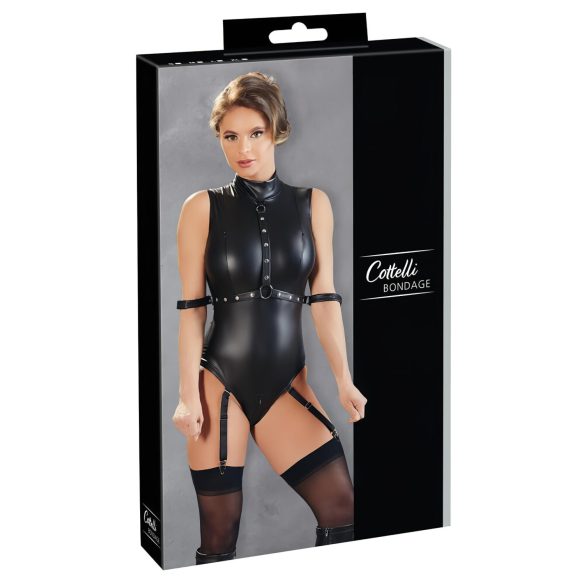Cottelli Bondage - kiiltävä hihaton body ja käsiraudat (musta) - XL