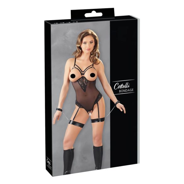 Cottelli Bondage - bodysuit ja käsikahleet metallirenkailla - musta - XL