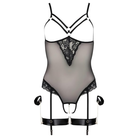 Cottelli Bondage - bodysuit ja käsikahleet metallirenkailla - musta - XL