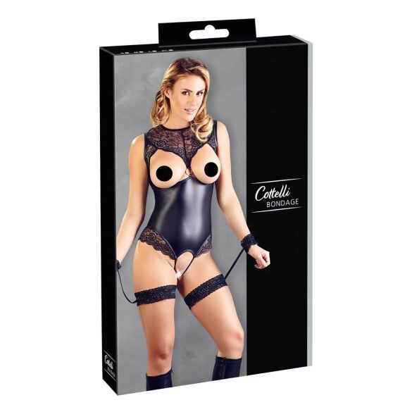 Cottelli Bondage - kiiltävä avoin body ja käsiraudat (musta)