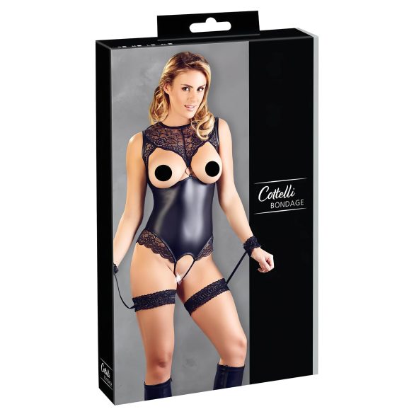 Cottelli Bondage - kiiltävä avoin body ja käsiraudat (musta) - L