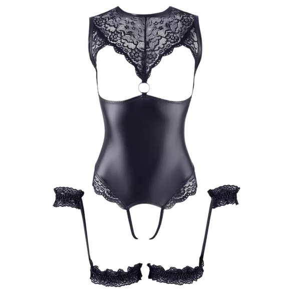 Cottelli Bondage - avonainen vartalopuku ja käsikahleet - kiiltävä musta - XL