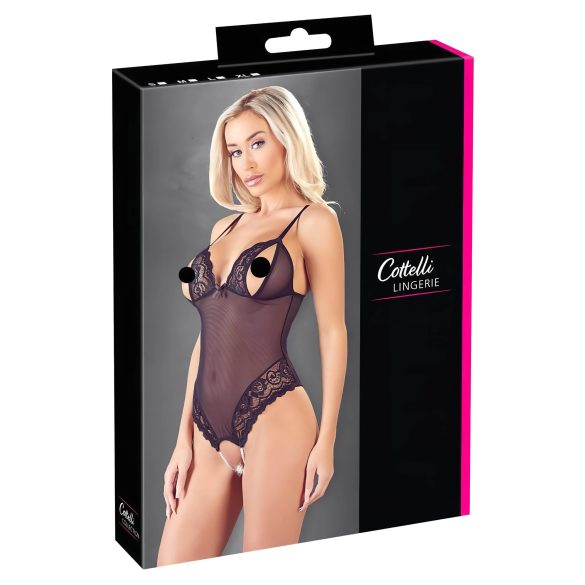 Cottelli - Pitsinen ja helmikoristeltu avoin body (musta)