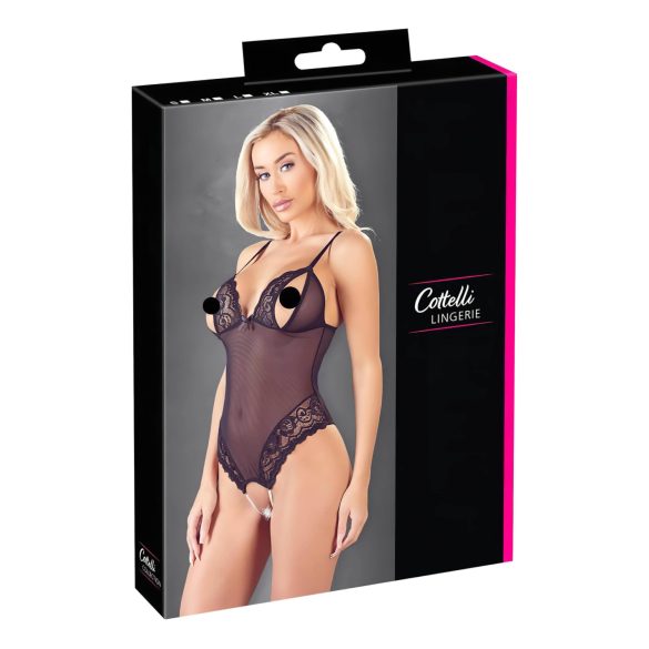 Cottelli - Pitsinen ja helmikoristeltu avoin body (musta)
