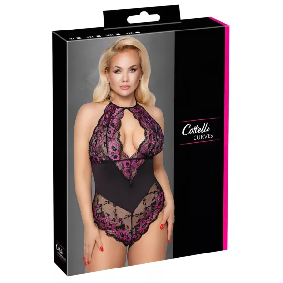 Cottelli Plus Size - kukkakuvioinen body - musta-violetti - 2XL