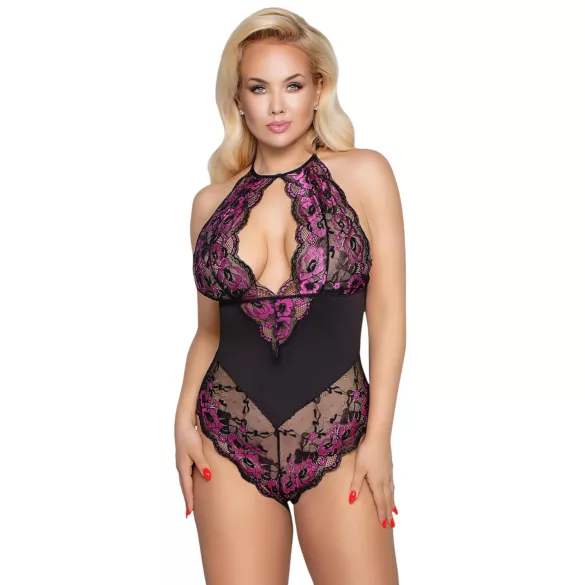 Cottelli Plus Size - kukkakuvioinen body - musta-violetti - 2XL