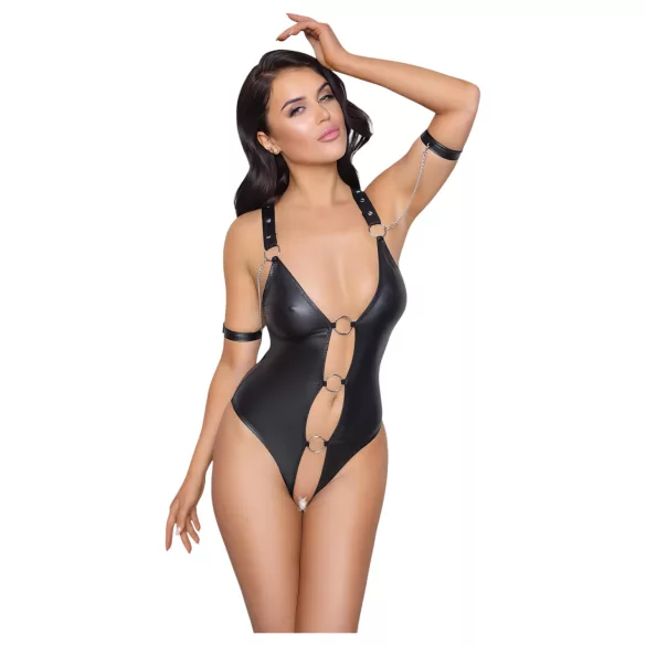 Cottelli Bondage - avoin body renkailla - kiiltävä musta