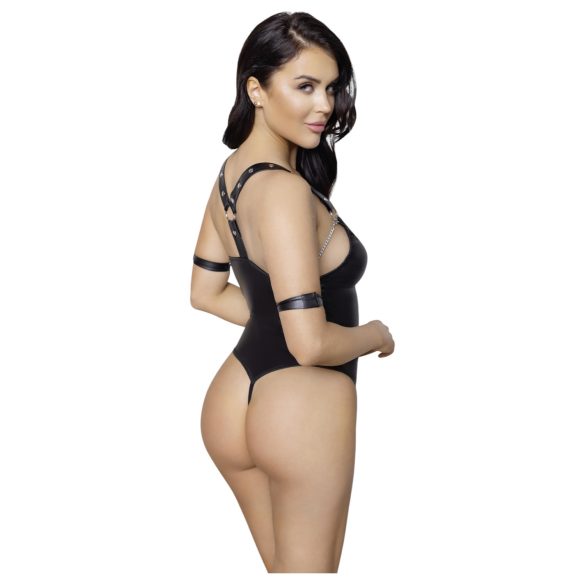 Cottelli Bondage - avoin body renkailla - kiiltävä musta - L