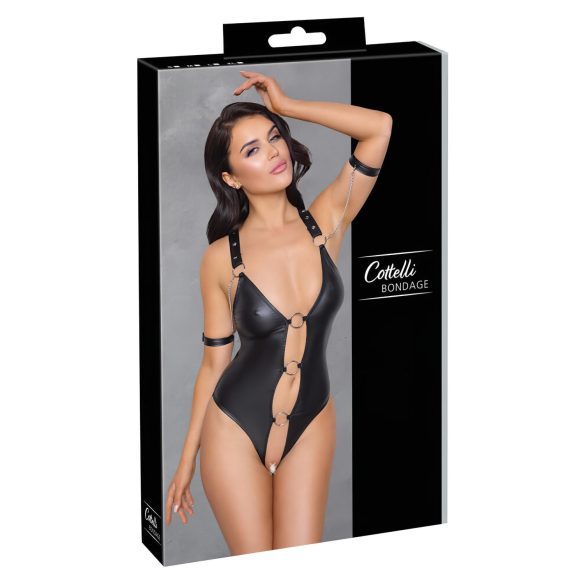 Cottelli Bondage - kiiltävä, rengasmainen, avoin body (musta) - XL