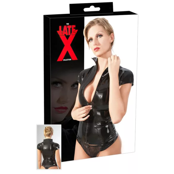 Latex-vetoketjullinen, lyhythihainen naisten paita (musta) - XL