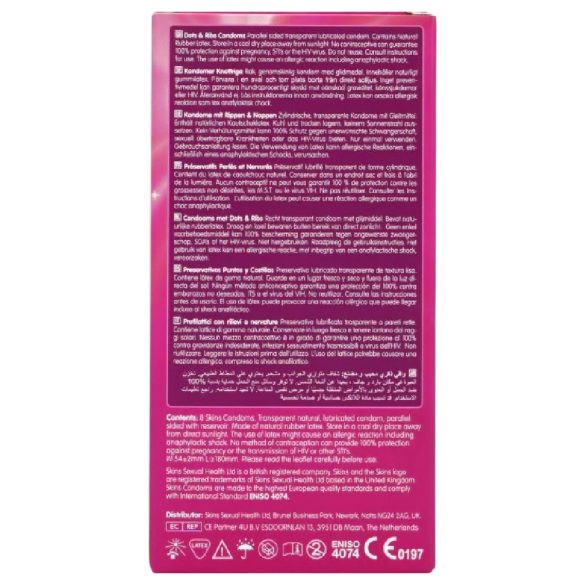 Skins - kylkiröyhelöiset ja nystyröidyt kondomit (8 kpl)