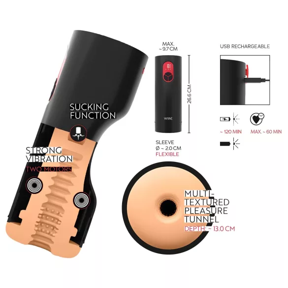 WYNE 07 - ladattava vibroiva ja imevä masturbaattori - musta