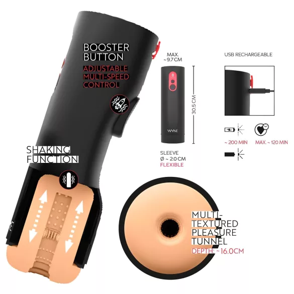 WYNE 08 - sähköinen masturbointilaite - ylös-alas liike - musta
