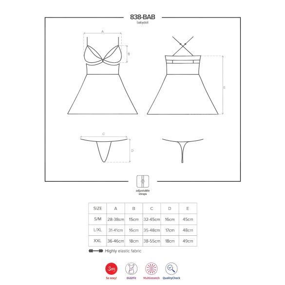 Obsessive 838-BAB-1 - babydoll-setti pitsi läpinäkyvä musta