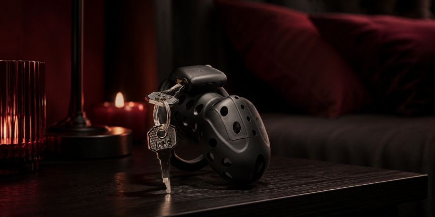 Musta siveysvyö ja avaimet yöpöydällä, esimerkkinä lovesexshop.fi seksikaupan siveysvyöoppaassa
