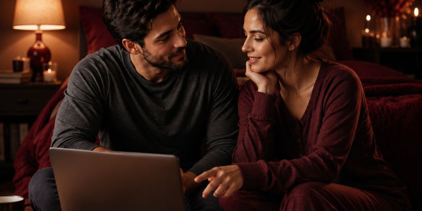Pariskunta keskustelee avoimesti siitä, miten pyytää sängyssä haluamaansa, kodikkaassa makuuhuoneessa, lovesexshop.fi seksikauppa