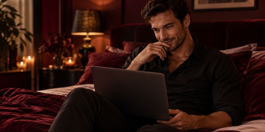 Mies istuu sängyllä läppärin kanssa ja lukee vinkkejä masturbointiin | lovesexshop.fi seksikauppa